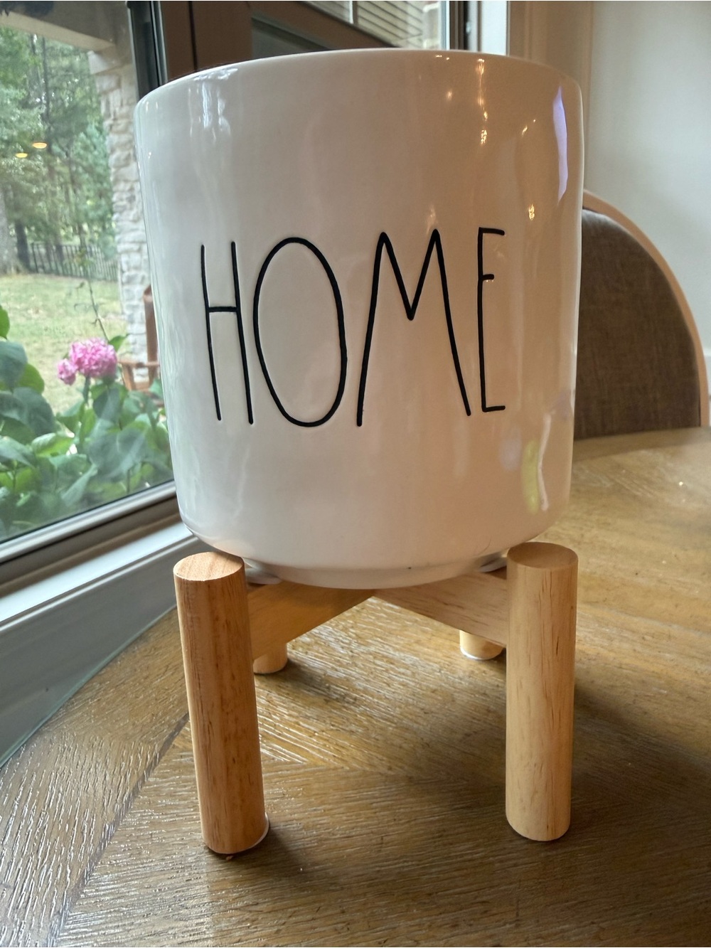 Rae Dunn White 'HOME' Ceramic Planter with Wood Stand